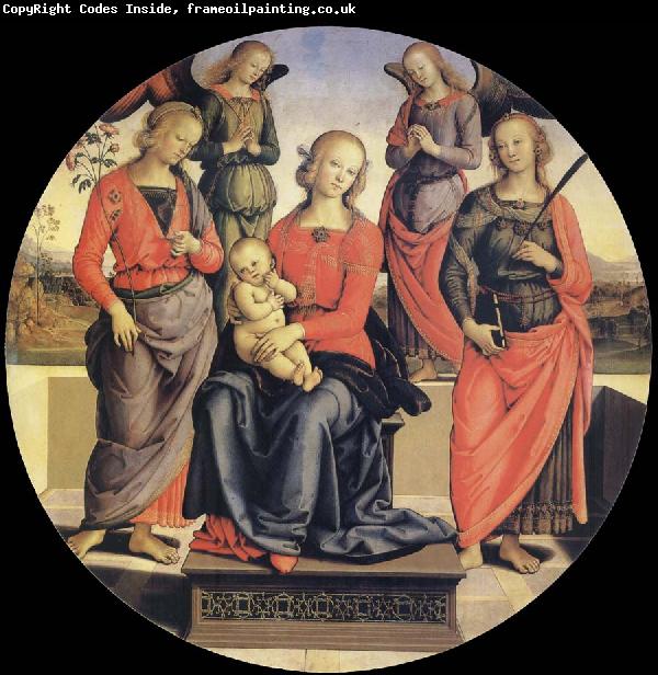 Pietro vannucci called IL perugino The Virgin and the Nino acompanados for two angeles, Holy Rose and Holy Catalina